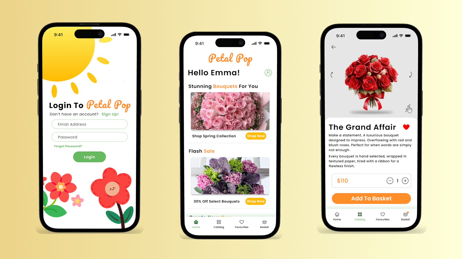 Petal Pop UI screens