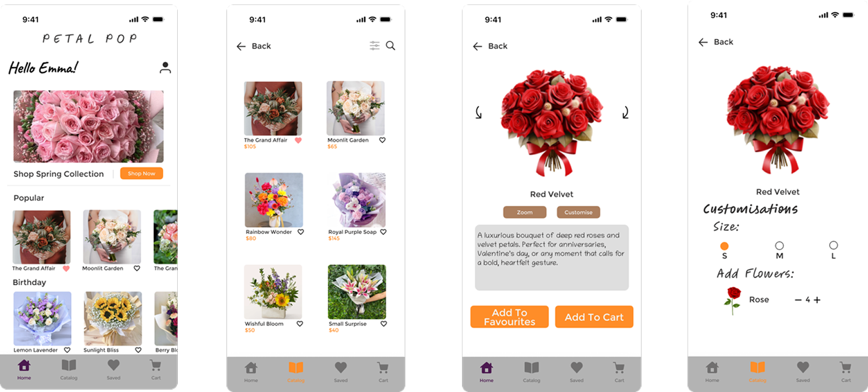 Final PetalPop app mockups showing key user flows